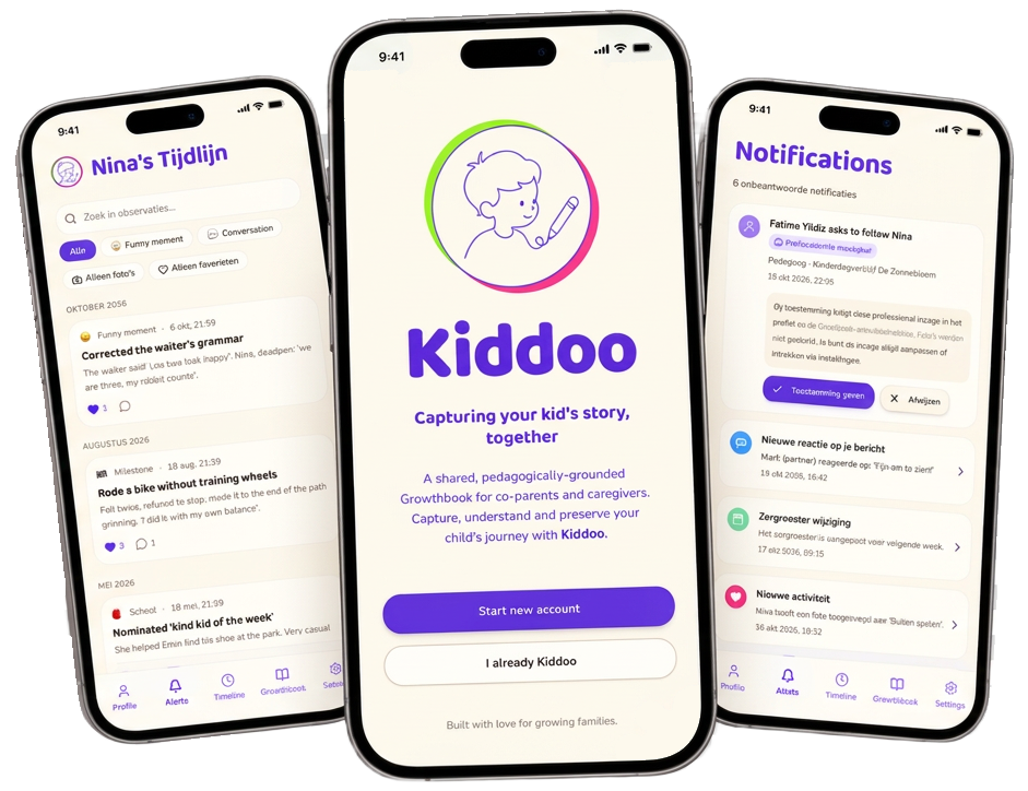 Kiddoo in de app: het startscherm, de tijdlijn en de meldingen op een telefoon